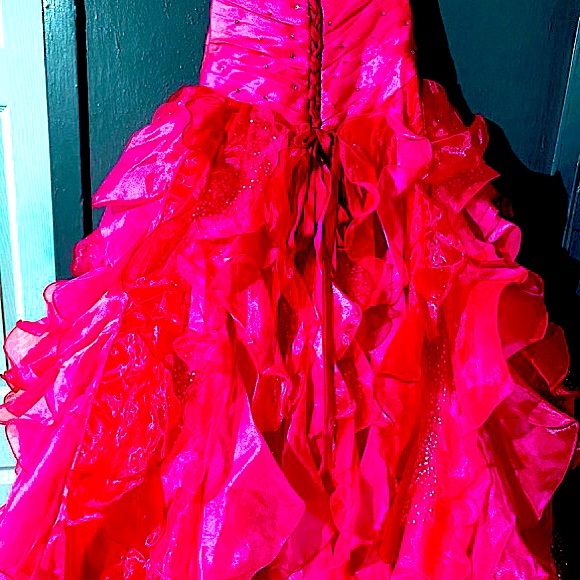 Strapless Pink PROM DRESS WITH IRIDESCENT EMBROIDERED bodice with ruffle bottom. - Picture 3 of 11